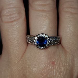1 ct Round Blue CZ & 0.29 ct White CZ Halo Ring